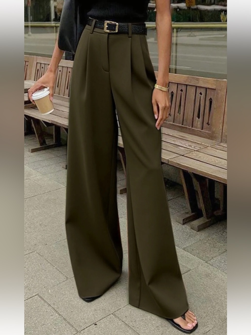 Commense Solid Wide Leg Pants Without Belt